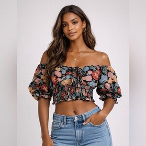 BOG Collective Floral off shoulder Puff Sleeve Blouse Size M